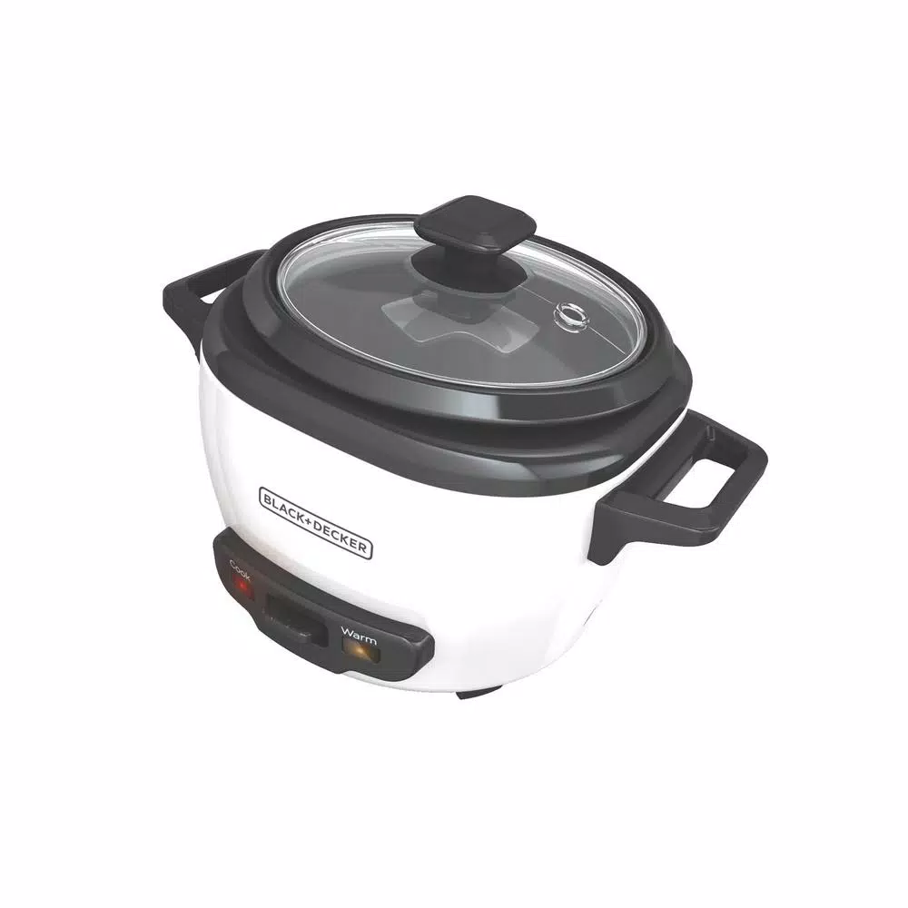 BLACK+DECKER 3-Cup White Electric Rice Cooker with Steaming Basket and Non-Stick Pot