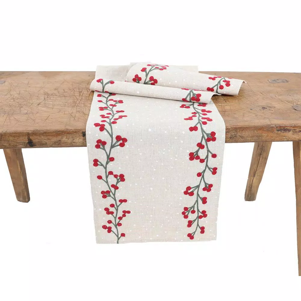 Manor Luxe Xia Home Fashions 16 x 36 in. Holly Berry Crewel Embroidered Christmas Table Runner, Natural