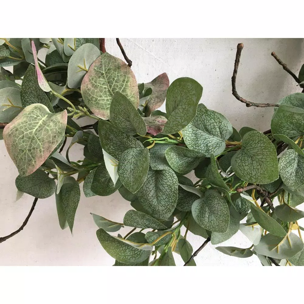 Glitzhome 24 in. Green Artificial Eucalyptus Wreath with Frosted Leaves and Grapevine Base