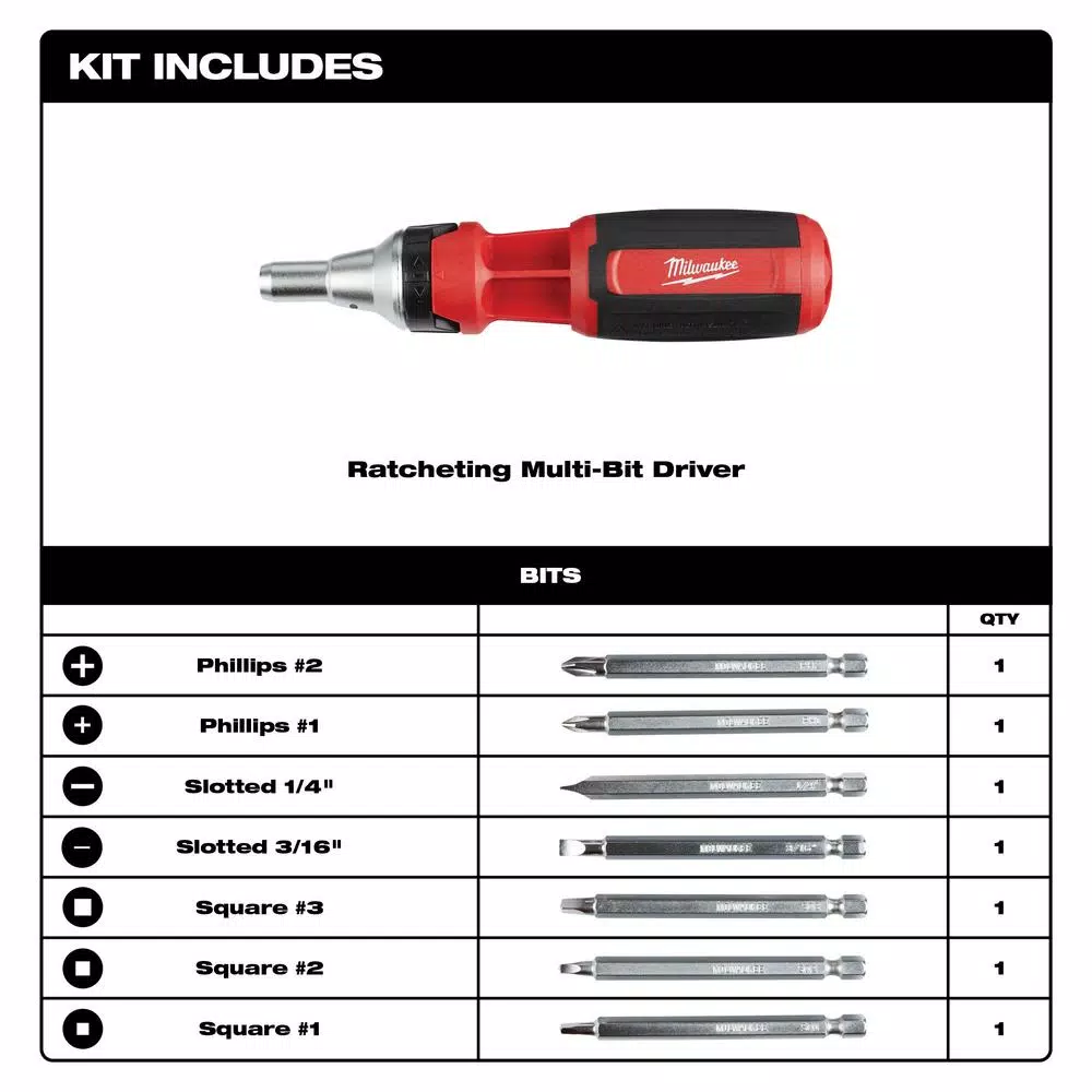 Milwaukee 9-in-1 Square Drive Ratcheting Multi-Bit Screwdriver with Power Groove Bits