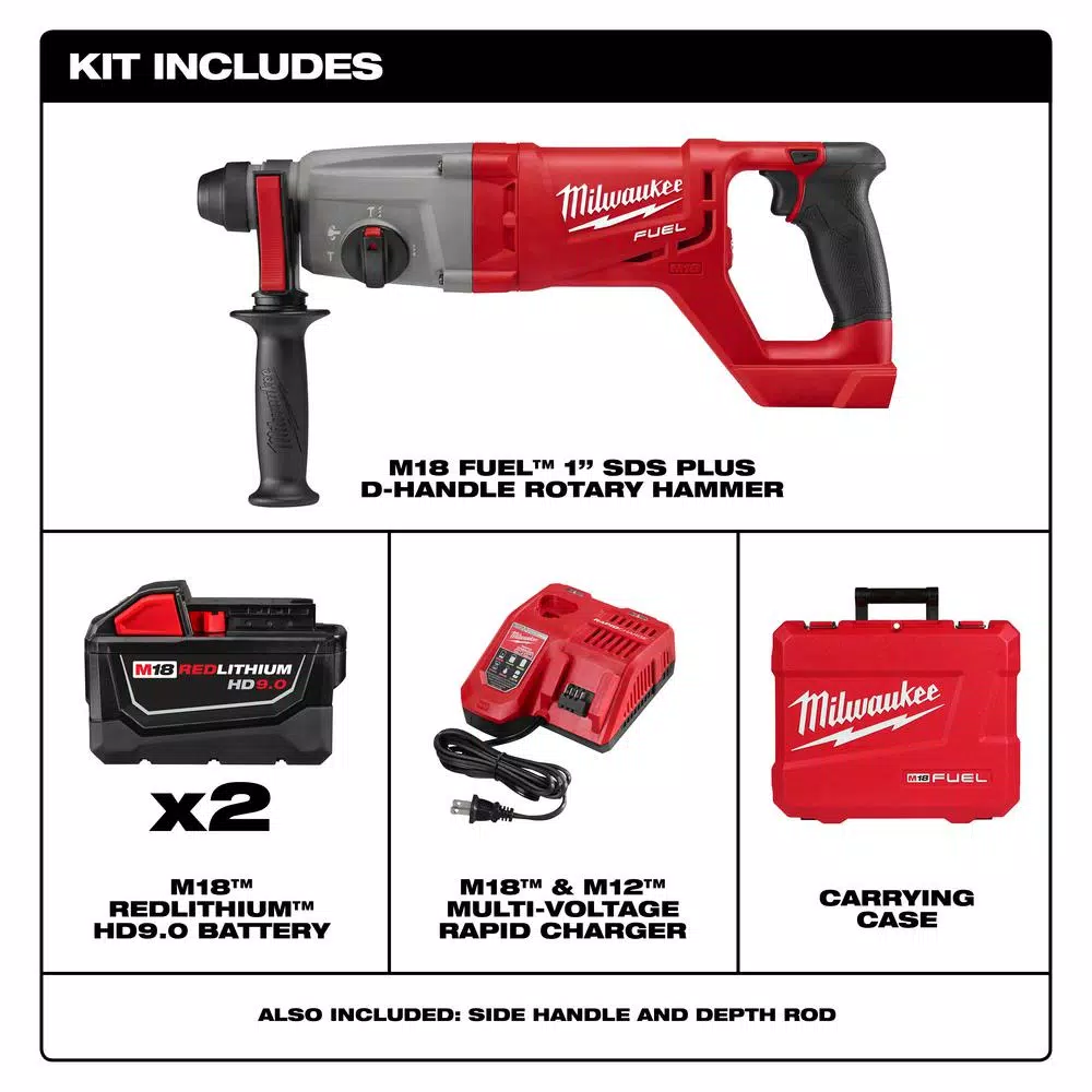 Milwaukee M18 FUEL 1 in. SDS-Plus D-Handle Rotary Hammer Kit with (2) 9.0 Ah Batteries