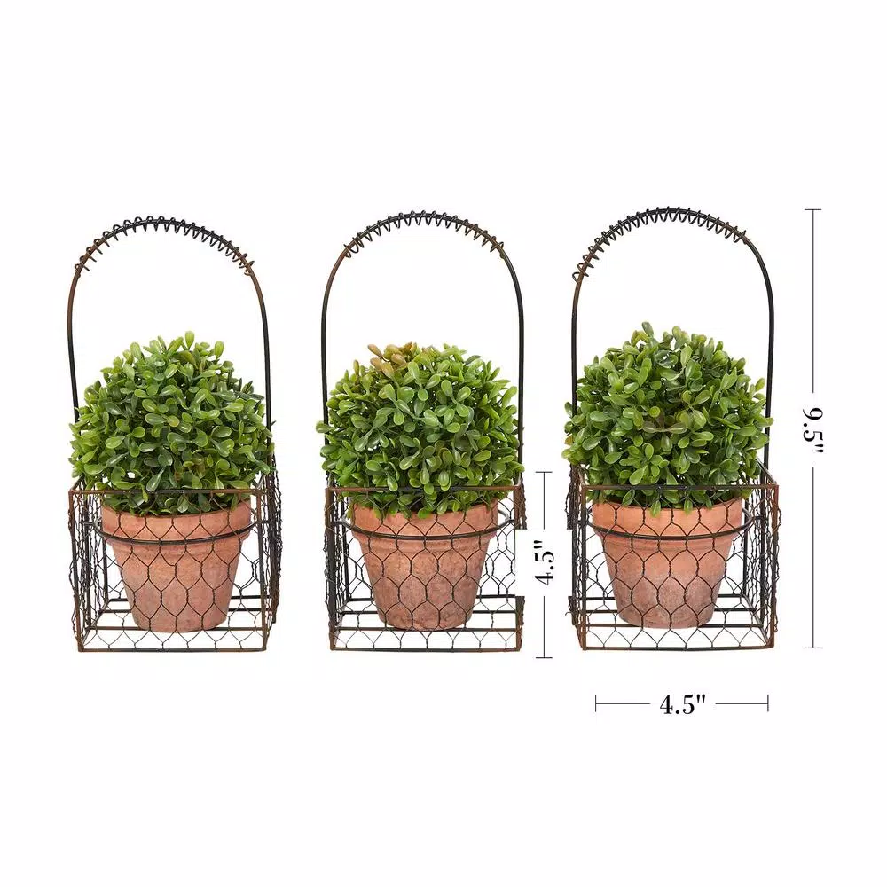 Pure Garden 9.5 in. Faux Boxwood Topiary Arrangement with Decorative Metal Wire Baskets (Set of 3)