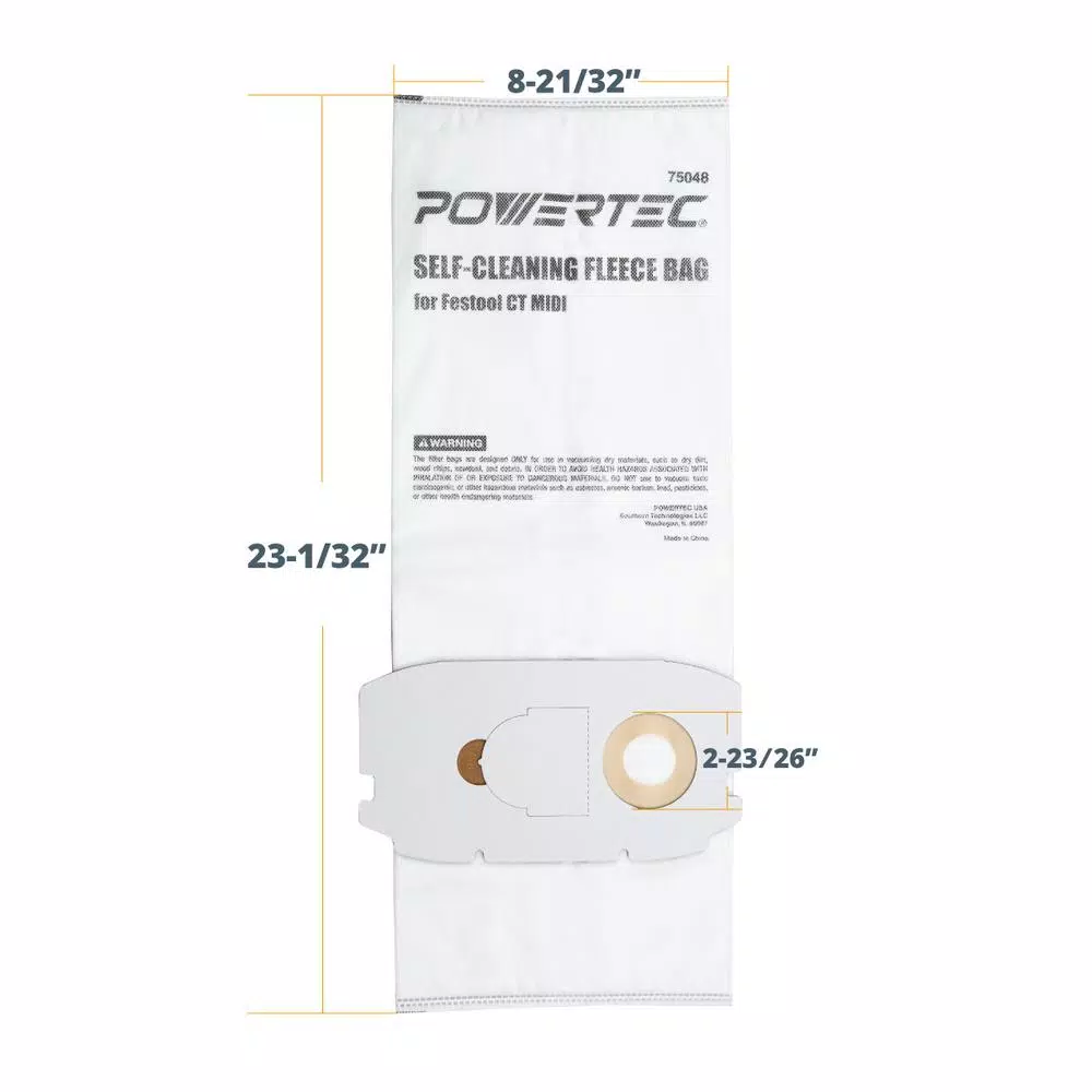 POWERTEC Self-Cleaning Replacement Filter Bags for Festool CT Midi (498411) - 5-Pack
