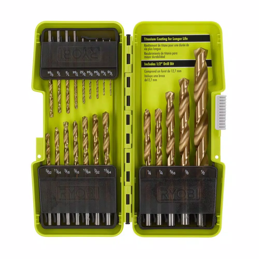 RYOBI 21-Piece Titanium Coated Twist Drill Bit Set with Durable Storage Case