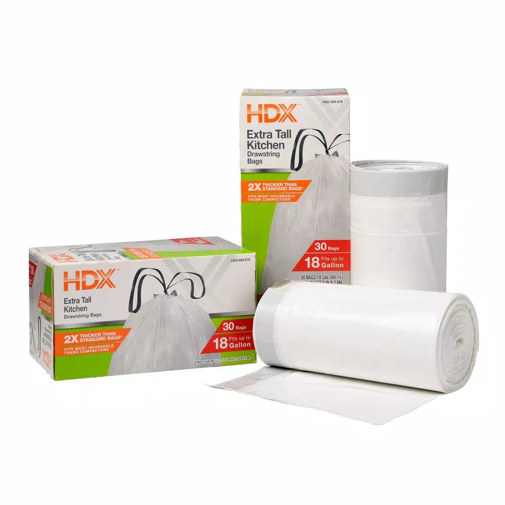 HDX 18 Gallon White Kitchen and Compactor Drawstring Trash Bags, 60-Count
