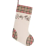 VHC Brands Hollis 20 in. Ivory White Farmhouse Christmas Stenciled Stocking with Holly Berry Accents thumbnail 1