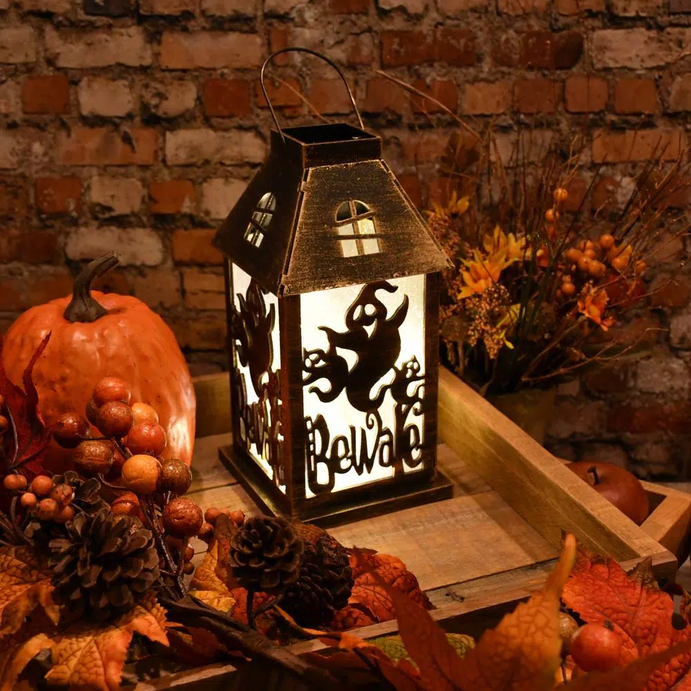LUMABASE Golden Black Battery Operated Lighted Halloween Lantern with Fairy Lights