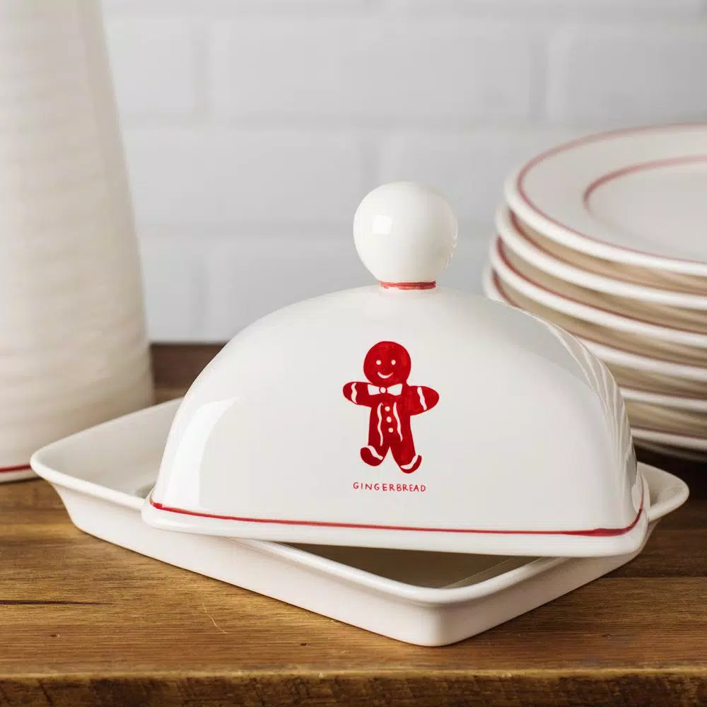 Molly Hatch Gingerbread Butter Dish, 6.75 in. Ceramic Stoneware Holiday Serving Dish