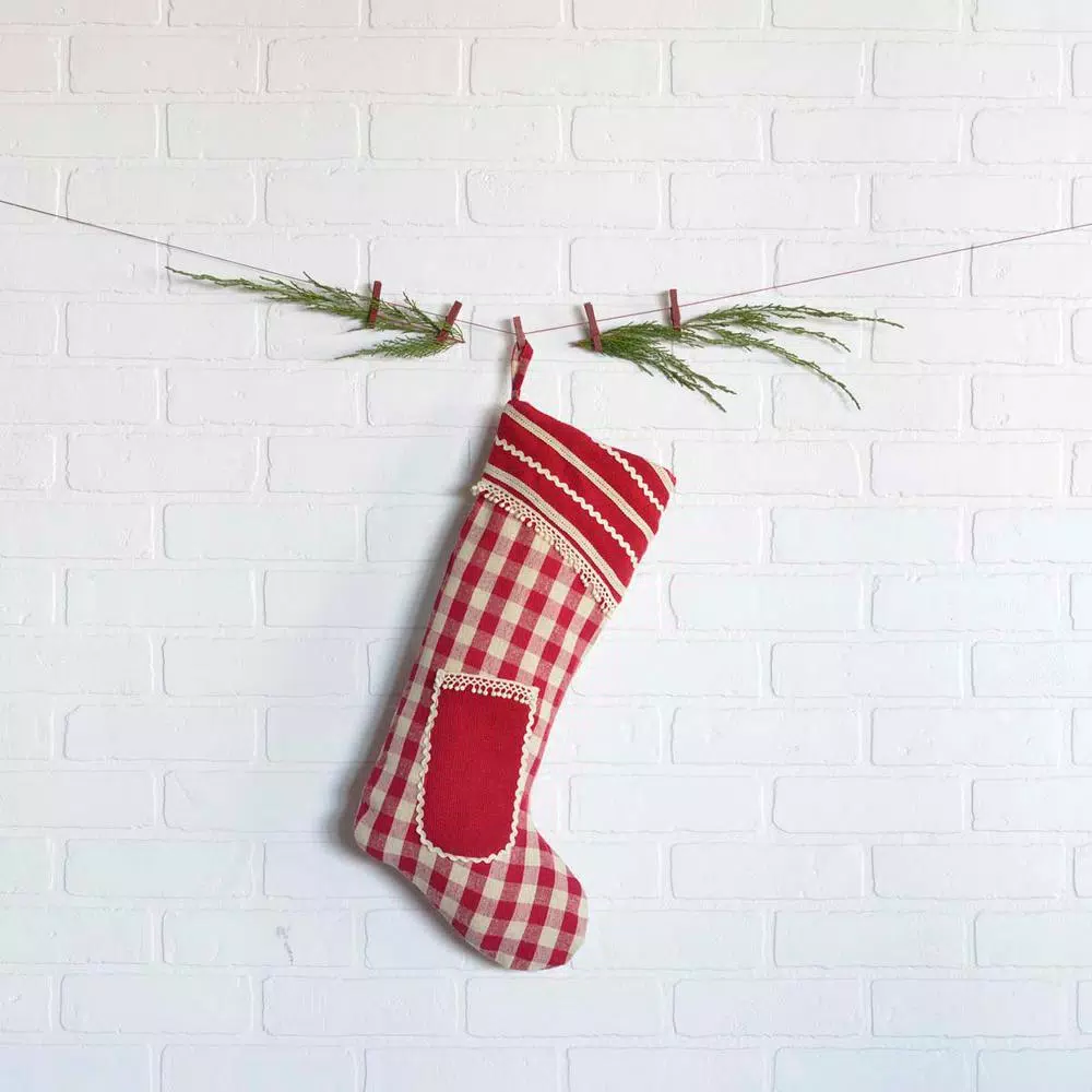 VHC Brands 20 in. Gretchen Cherry Red and Cream Check Cotton Farmhouse Christmas Stocking