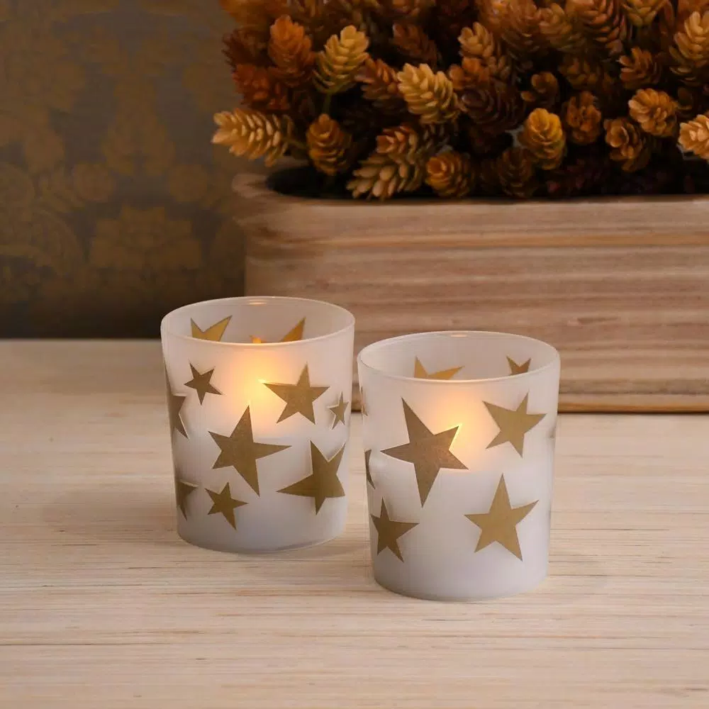 LUMABASE Gold Stars Battery Operated LED Candles with Frosted Glass, 2-Count