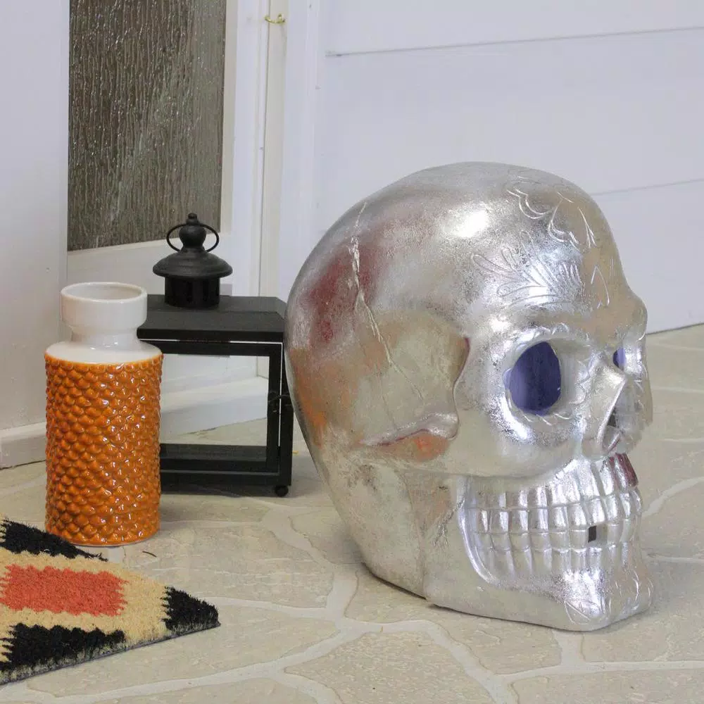 Northlight 14 in. LED Silver Metallic Day of the Dead Skull Lighted Decoration