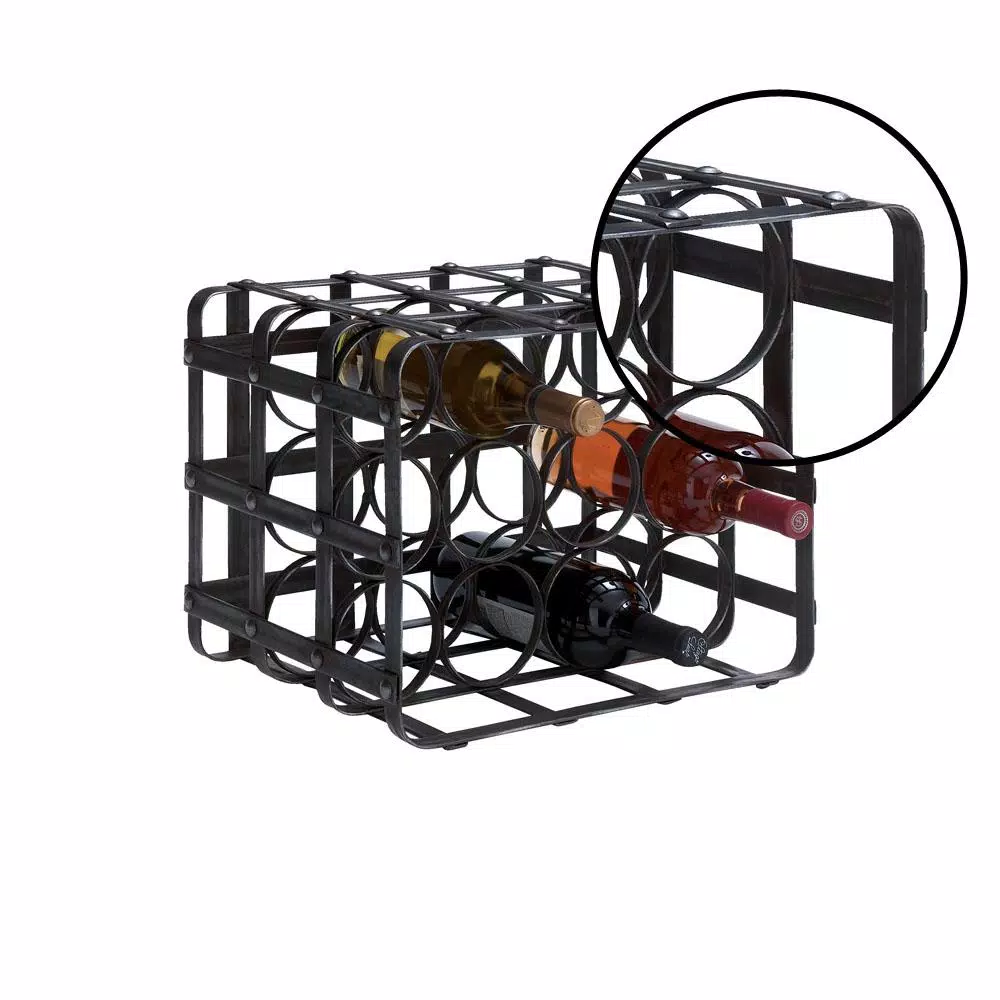 LITTON LANE 12-Bottle Black Iron Cage Wine Rack - Industrial & Rustic Tabletop Storage