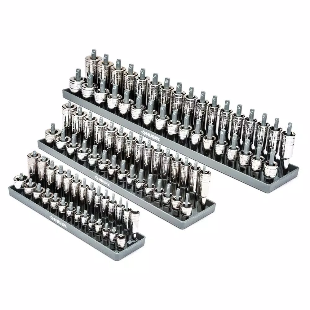 Husky 3-Piece Metric Socket Rack Set for 1/4 in., 3/8 in., and 1/2 in. Drives