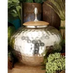 LITTON LANE 12 in. Silver Dimpled Iron Urn-Type Round Jar with Oak Brown Wood Lid thumbnail 1
