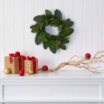 Nearly Natural 16 in. Magnolia Leaf and Mixed Pine Artificial Wreath with Pine Cones thumbnail 3