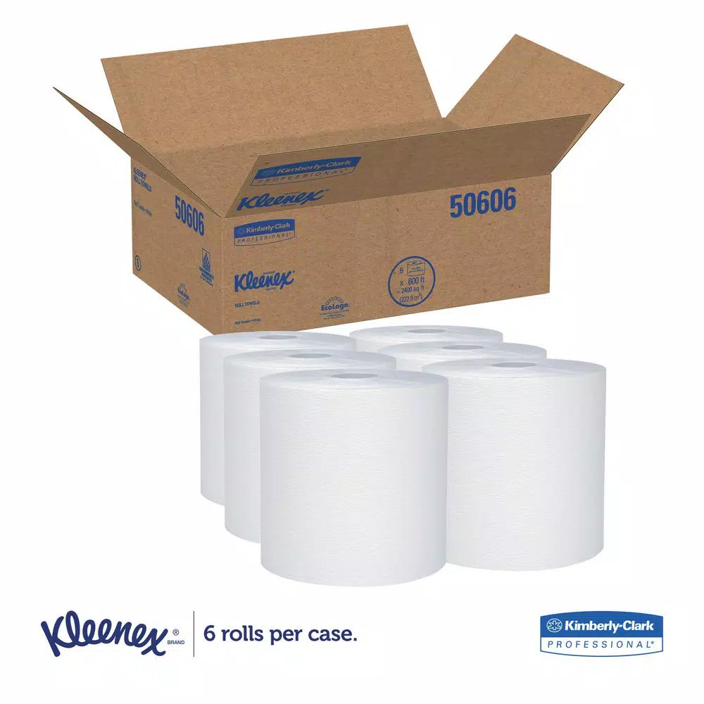 Kleenex Essential Plus Hard Roll Paper Towels, 8 in. x 600 ft, 1.75 in. Core, White (6 Rolls per Carton)