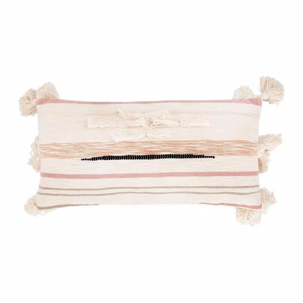 3R Studios Pink, Brown and Black Striped Kilim Throw Pillow with Tassels, 28 x 14 in.