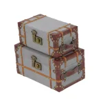 LITTON LANE Globetrotter Wood and Gray Burlap Fabric Decorative Storage Boxes with Leather Accents, Set of 2 thumbnail 4