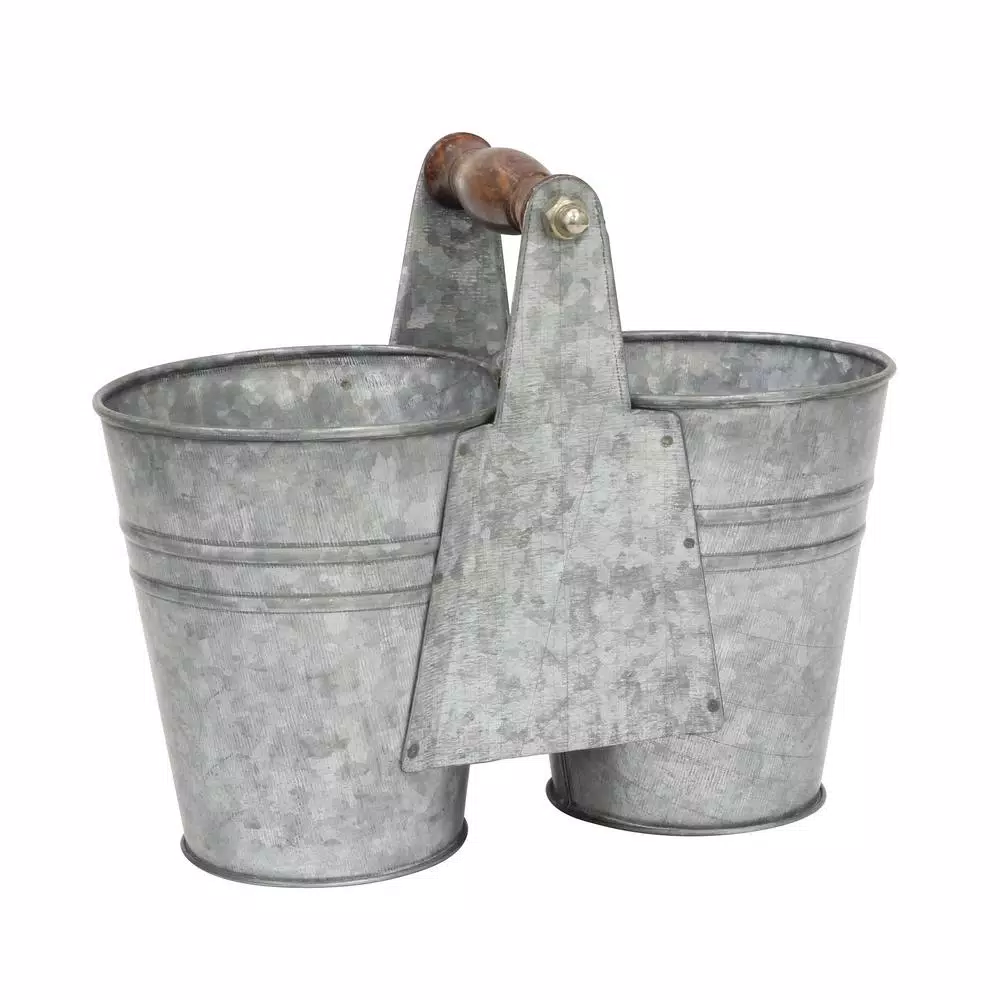 Stonebriar Collection Stonebriar 9 in. Antique Galvanized Double Bucket with Wood Handle