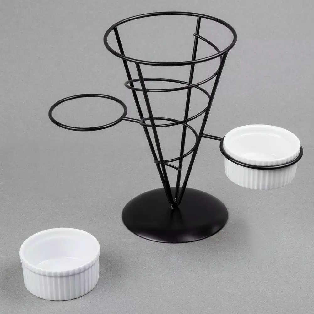 Creative Home Black Iron Wire French Fry Holder Set with 2 Ceramic Ramekins for Dipping Sauce