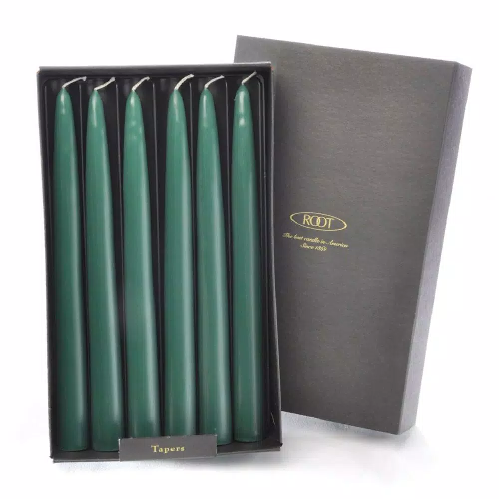 ROOT CANDLES A.I. Root 9 in. Dark Green Dipped Taper Dinner Candles, Beeswax Enriched, Box of 12