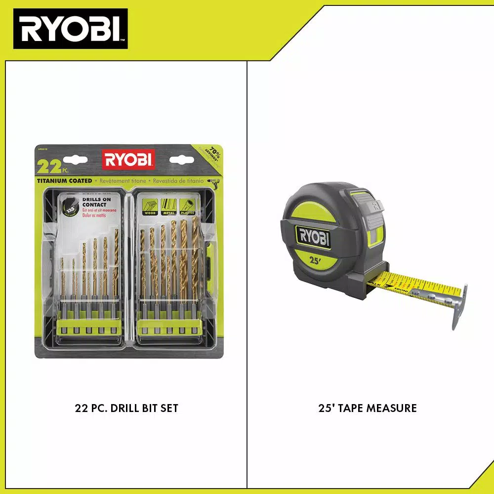 RYOBI 22-Piece Titanium Coated Drill Bit Set with Bonus 25 ft. Tape Measure