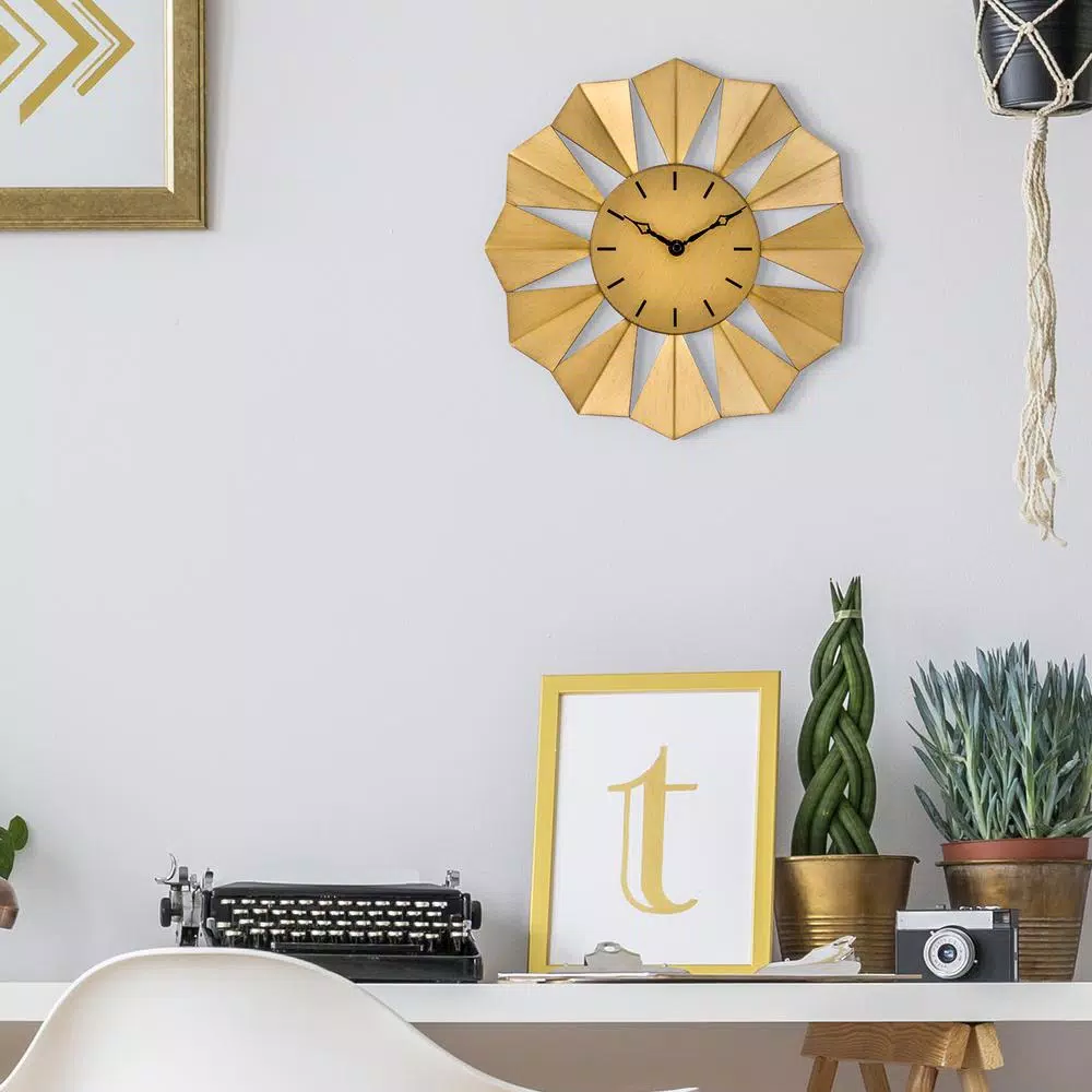 La Crosse Technology 12.8 in. Gold Metal Sunray Quartz Wall Clock - Mid-Century Sunburst Design