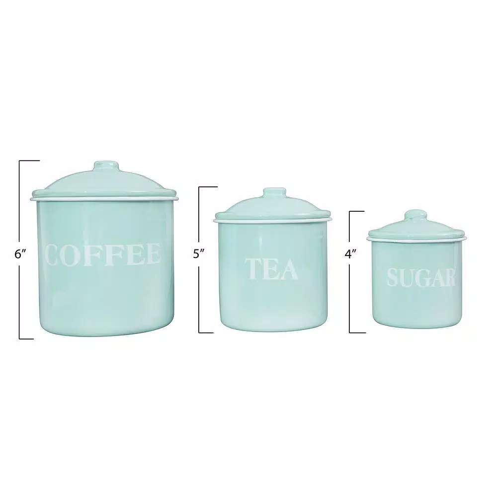 3R Studios 3-Piece Green Metal Kitchen Canister Set with Lids - Coffee, Tea, and Sugar Typography