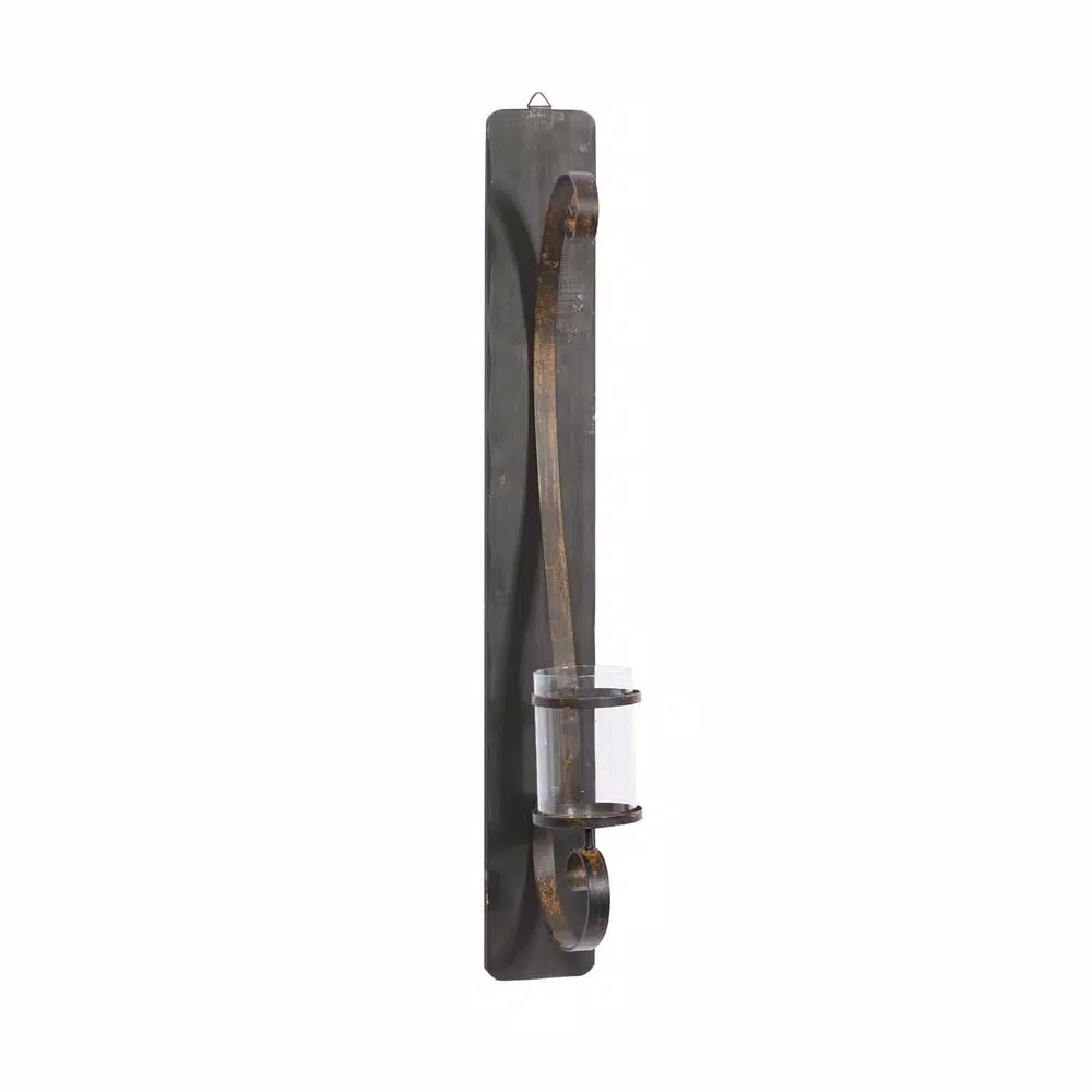 LITTON LANE 36 in. Scrolled Wrought Iron Wall Sconce Candle Holder with Glass Hurricane, Deep Bronze