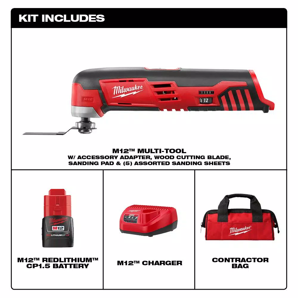 Milwaukee M12 12V Lithium-Ion Cordless Oscillating Multi-Tool Kit with 1.5 Ah Battery, Charger, and Accessories