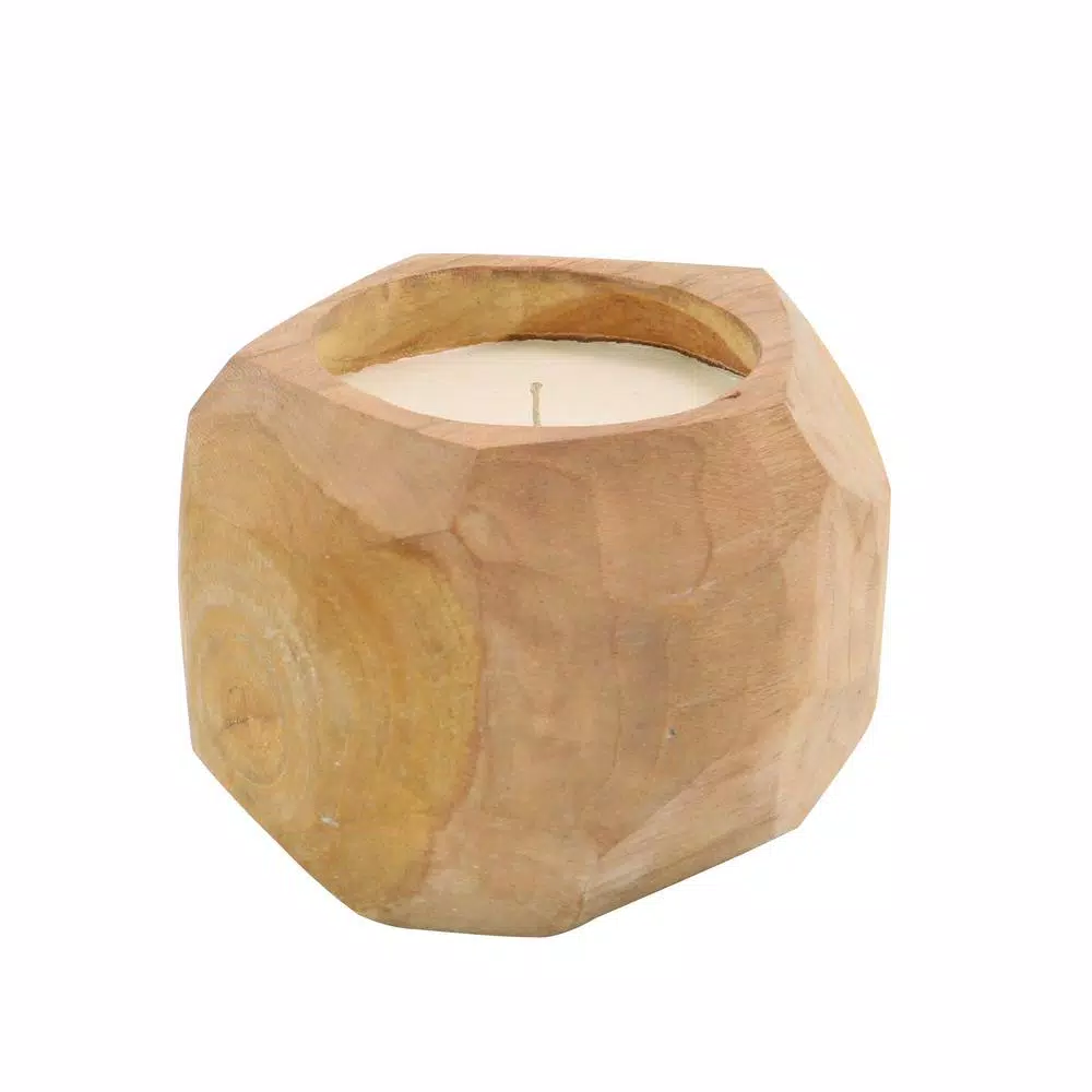 LITTON LANE Hand-Carved Natural Teak Wood Coconut-Shaped Candle Holder with White Unscented Wax