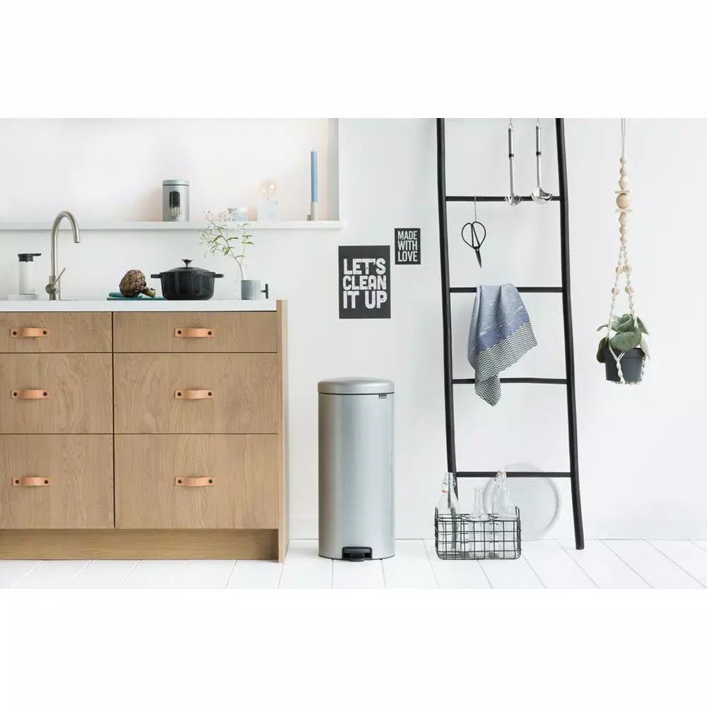 Brabantia 8 Gal. Metallic Gray Steel Step-On Trash Can with Soft-Close Lid