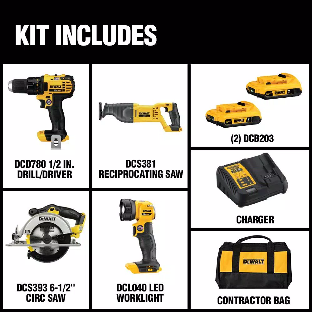 DEWALT 20V MAX Cordless 4-Tool Combo Kit with (2) 2.0 Ah Batteries & Charger