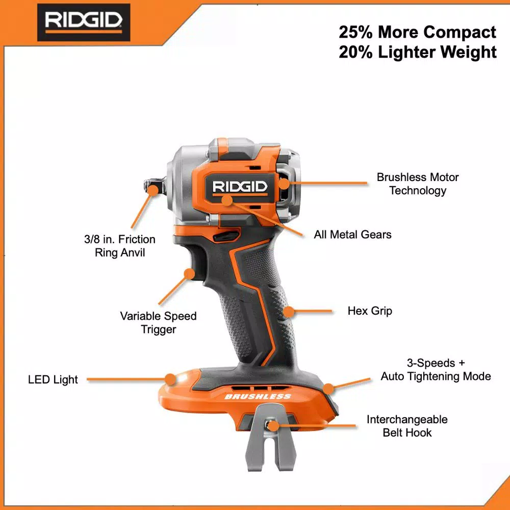 RIDGID 18V SubCompact Brushless Cordless 3-Tool Combo Kit with (2) 2.0 Ah Batteries, Charger and Bag