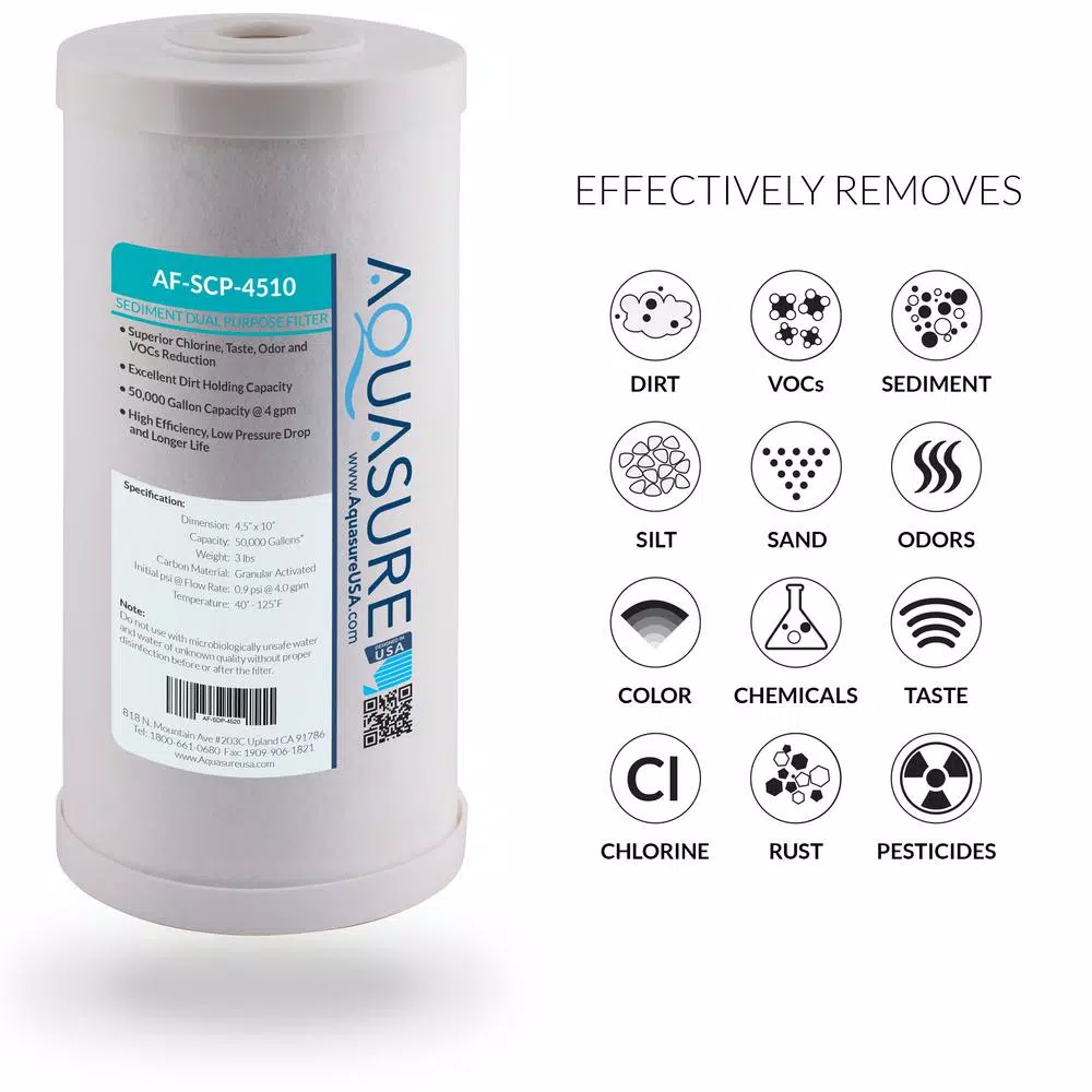 Aquasure Fortitude 25-Micron Dual Purpose Sediment and Carbon Whole House Water Filter, 10 in.