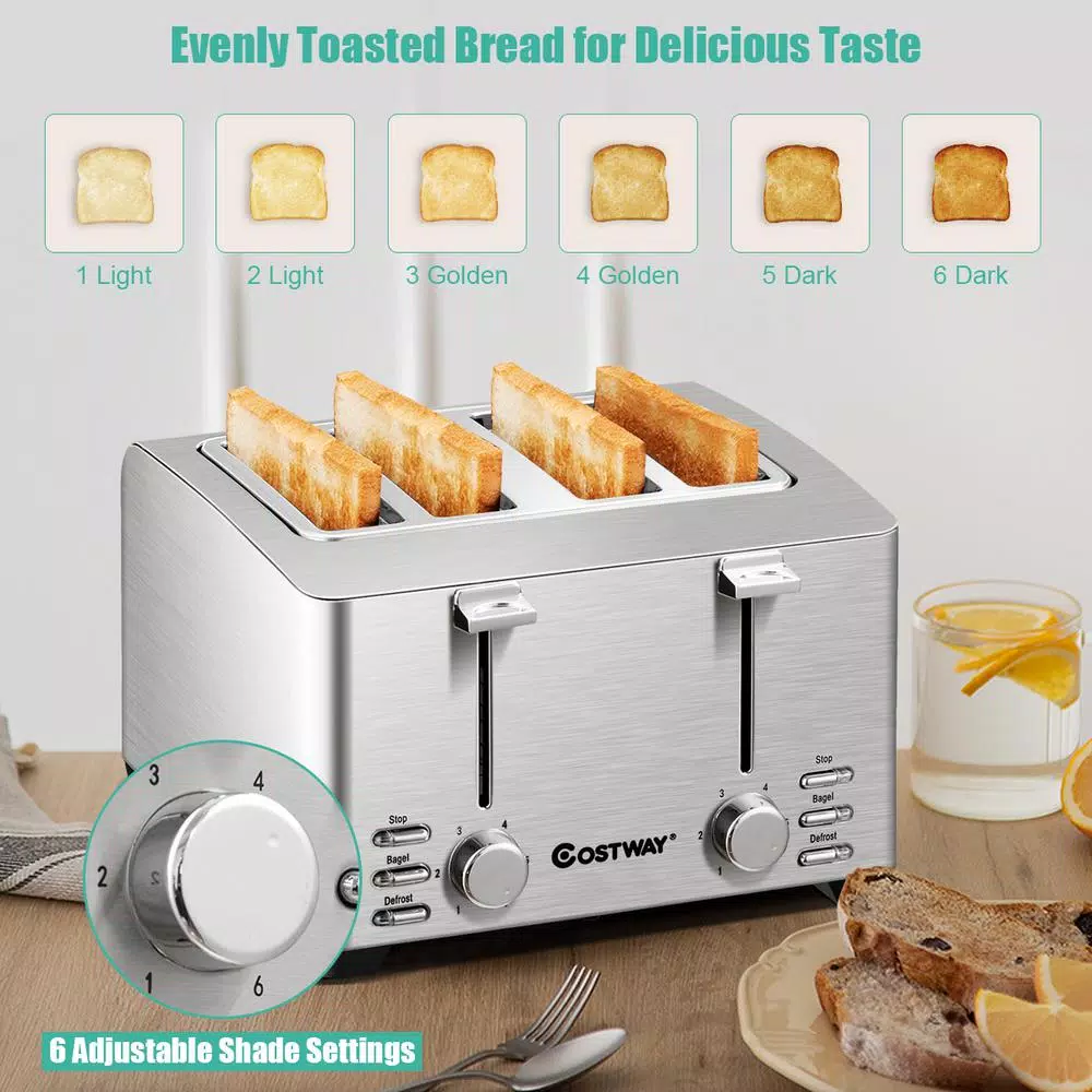 Costway 4-Slice Stainless Steel Extra-Wide Slot Toaster with Warming Rack and 6 Shade Settings