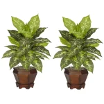 Nearly Natural 20.5 in. Green Dieffenbachia Silk Plant with Wood Vase Set of 2 thumbnail 1