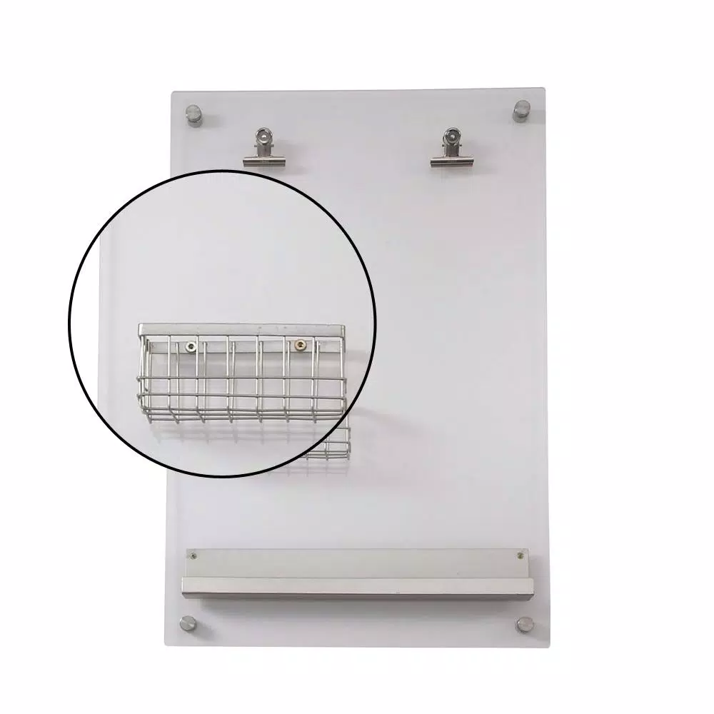 LITTON LANE Silver Acrylic Memo Board with Wire Basket and Pen Holder - Modern Wall Mounted Organizer