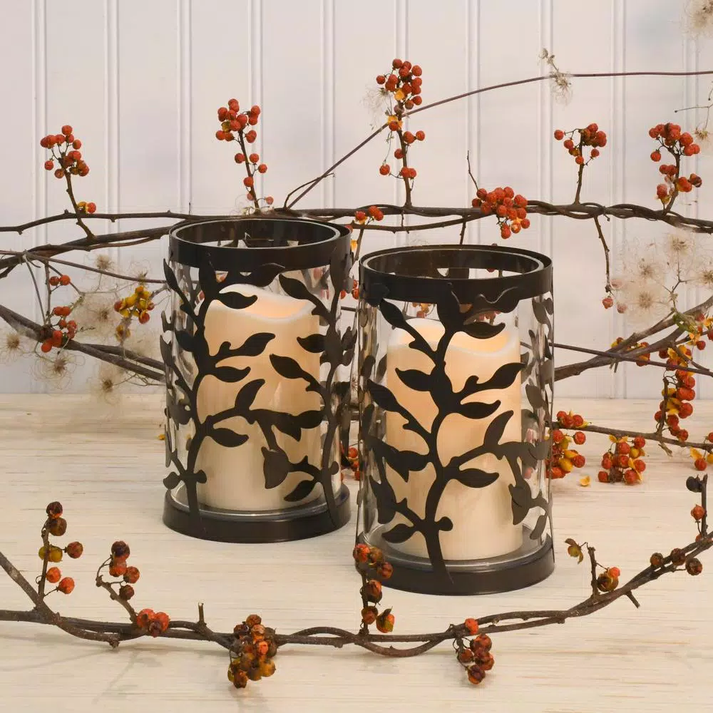 LUMABASE 6.5 in. Vine Metal and Glass Candle Holder Set with LED Pillar Candles (Set of 2)
