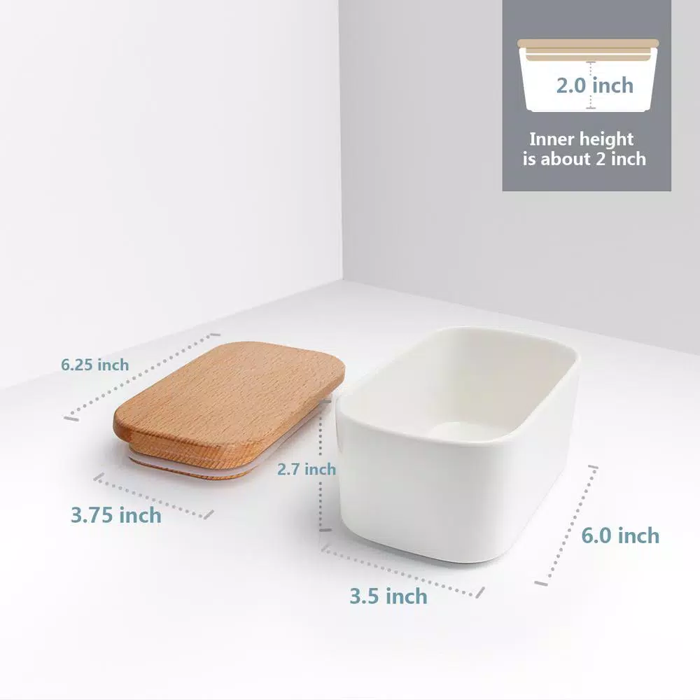 Sweese Airtight Butter Dish with Beech Wood Lid - White Porcelain, Set of 1