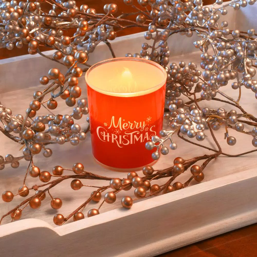 LUMABASE Red Glass LED Merry Christmas Battery Operated Flameless Candles, Set of 2