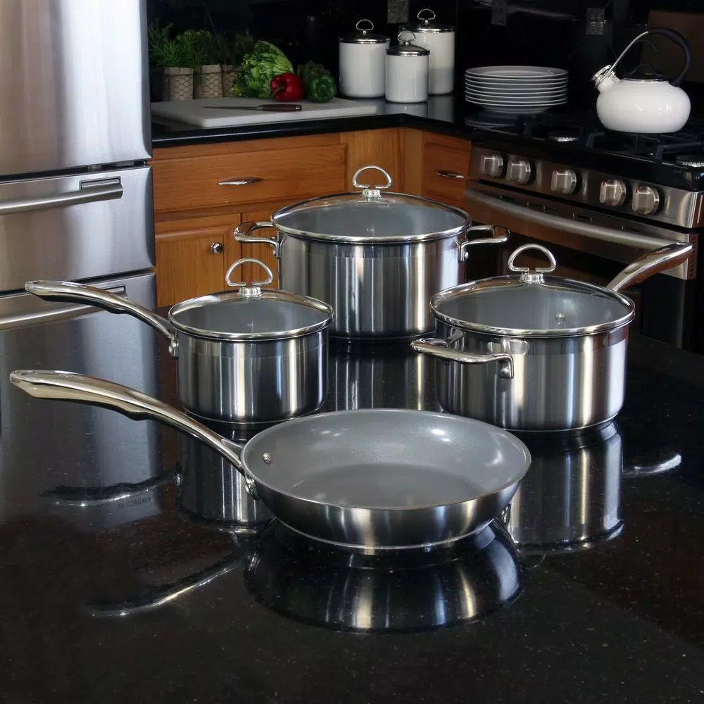 Chantal Induction 21 Steel 7-Piece Ceramic Nonstick Stainless Steel Cookware Set, Brushed Stainless Steel