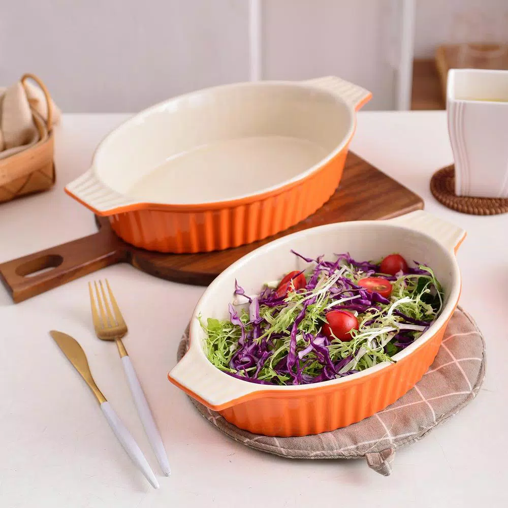 MALACASA 2-Piece Orange Oval Porcelain Bakeware Set, 12.75 in. and 14.5 in. Ceramic Baking Pans