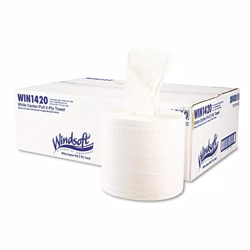 Windsoft Center-Flow Perforated Paper Towel Rolls, 2-Ply White, 8 x 13.5 in (6 Rolls per Carton)