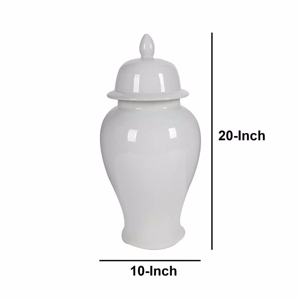 Benjara Large Decorative White Porcelain Ginger Jar with Lid