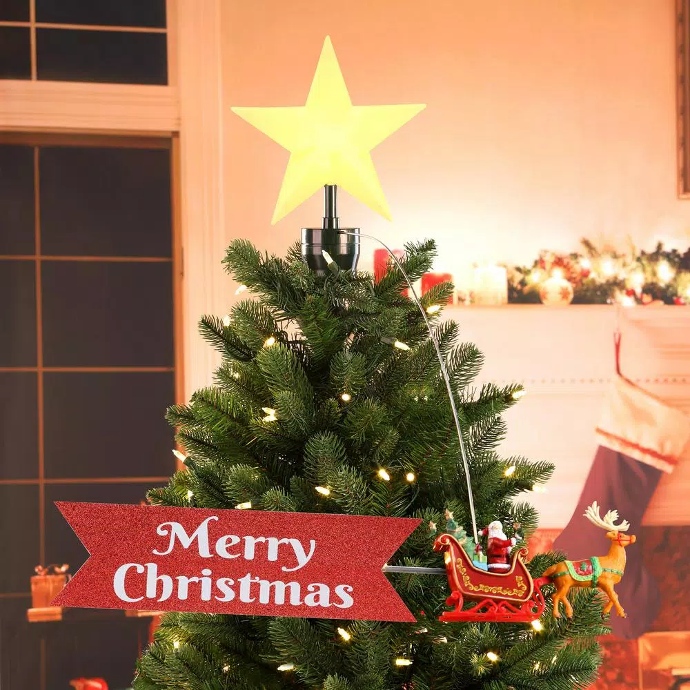 Mr. Christmas Santa's Sleigh Animated Tree Topper with LED Star and Merry Christmas Banner
