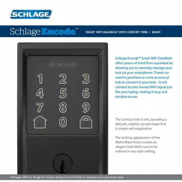 Schlage Encode Smart Wi-Fi Deadbolt with Camelot Handleset and Georgian Knob, Matte Black