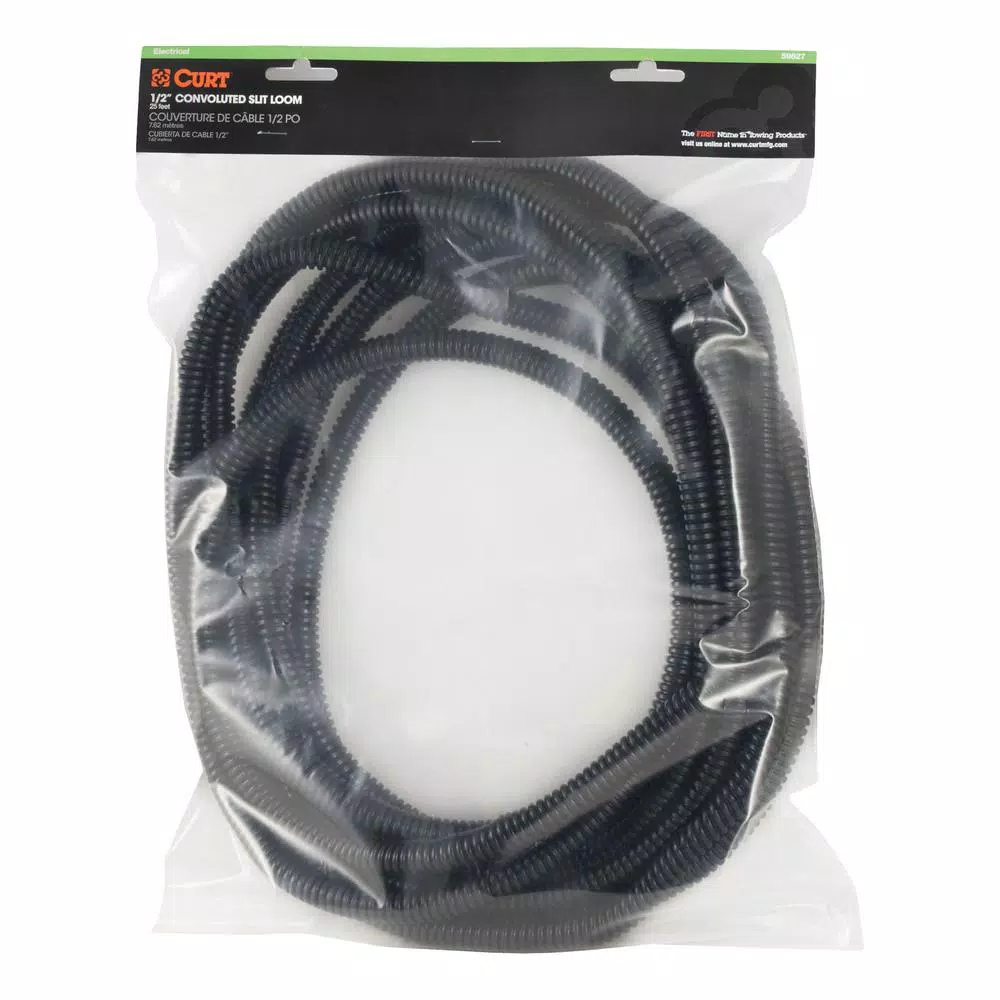 CURT 1/2" Convoluted Slit Loom Tubing, 25ft Black Wire Conduit
