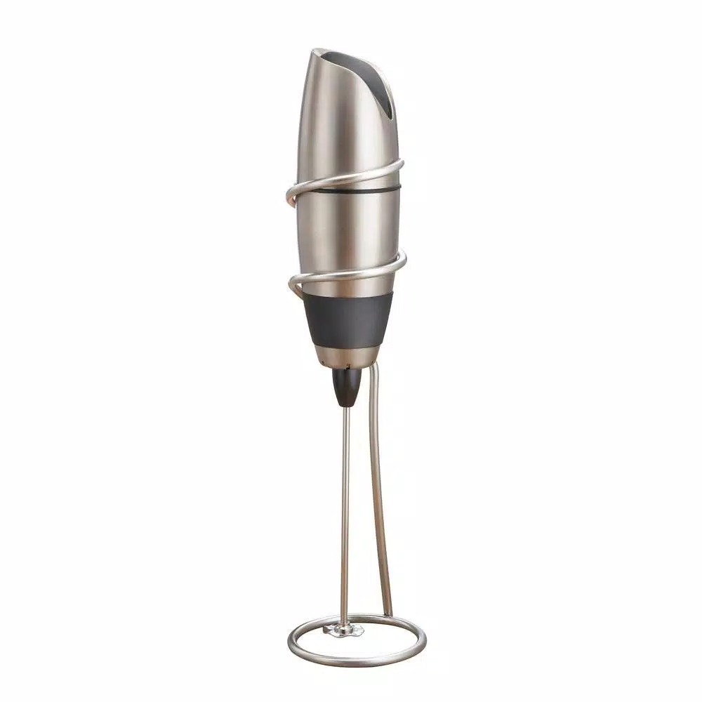 BonJour Black Stainless Steel Battery-Powered Milk Frother with Chrome Stand