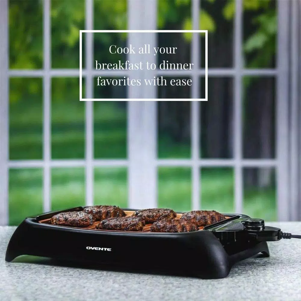 Ovente 1000W Portable Indoor Smokeless Grill, 13x10 inch Non-Stick Aluminum Grilling Plate, Copper